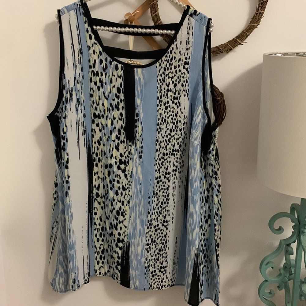 New Directions Curvy 3X Blue Black Abstract Leopard Print Tank Top Blouse